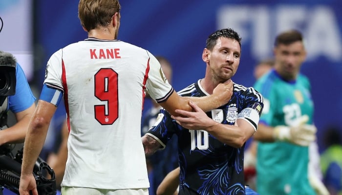 Argentinas Lionel Messi shakes hands with Englands Harry Kane after the match on July 15, 2026. — Reuters