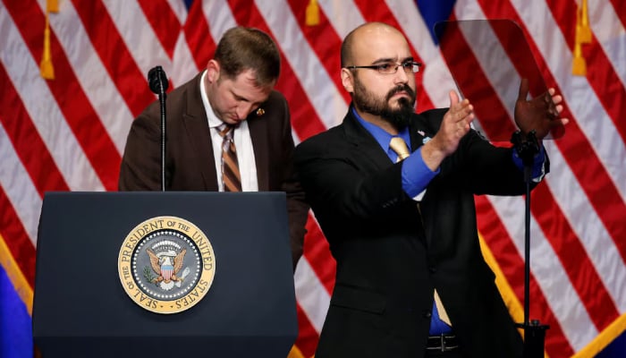 Gabriel Perez adjusts the teleprompter before US President Donald Trump delivers remarks regarding the Administrations National Security Strategy at the Ronald Reagan Building and International Trade Center in Washington DC, US. — Reuters/File