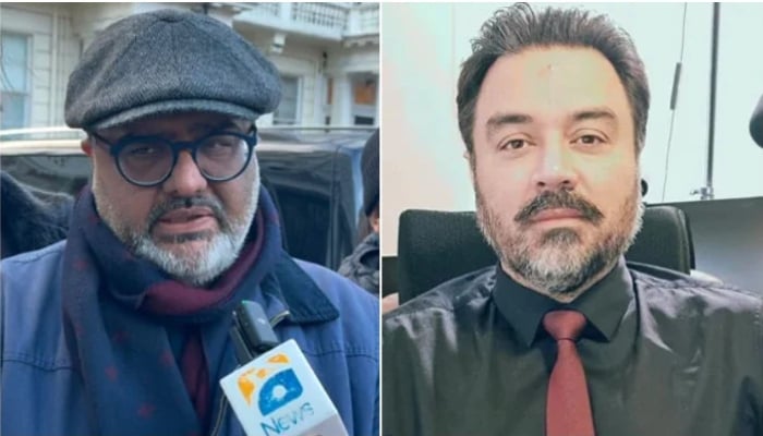 A collage showing former adviser to PM Shahzad Akbar (left) and Major (retired) Adil Raja. — Geo News/Murtaza Ali Shah