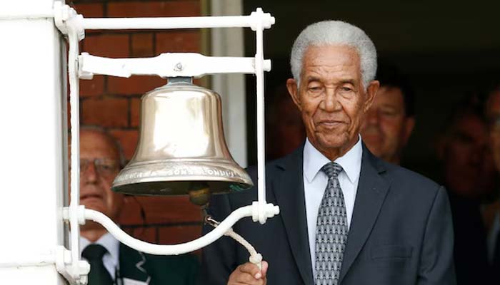 Sir Garfield Sobers rings the bell before the afternoon session as a tribute to Muhammad Ali during England v Sri Lanka Third Test at Lords. — Reuters