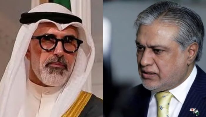 This collage of pictures shows Kuwait Foreign Minister Sheikh Jarrah Jaber Al-Ahmad Al-Sabah Kuwaiti (left) and Deputy Prime Minister Ishaq Dar. — Reuters/APP/File