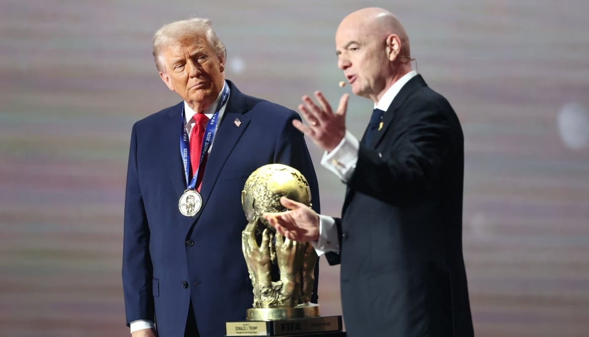 US President Donald Trump on stage with FIFA President Gianni Infantino as he is awarded the FIFA Peace Prize at the John F Kennedy Center for the Performing Arts in Washington, DC, US on December 5, 2025. — Reuters