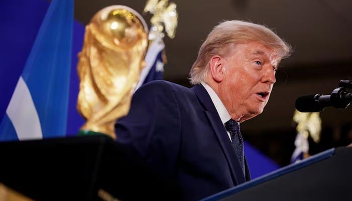 US President Donald Trump speaks while standing next to the Fifa World Cup Trophy, during a FIFA reception at Trump Tower in New York City, US, July 17, 2026. — Reuters