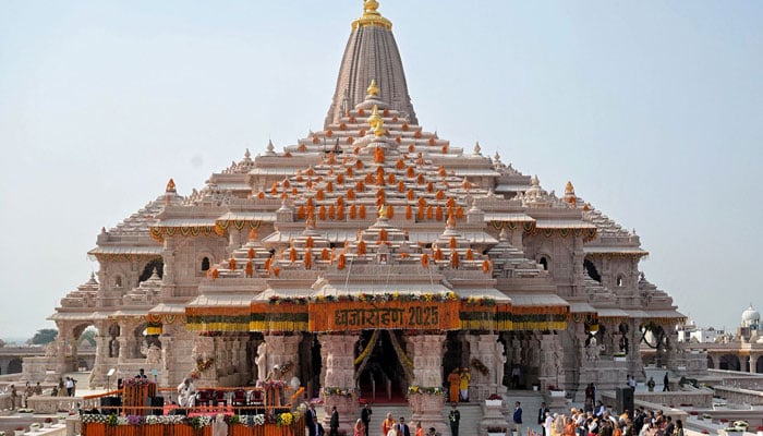 The image shows a grand view of the Ram temple, constructed in 2025 after the demolition of the centuries-old Babri Mosque in Indias Ayodhya. — AFP