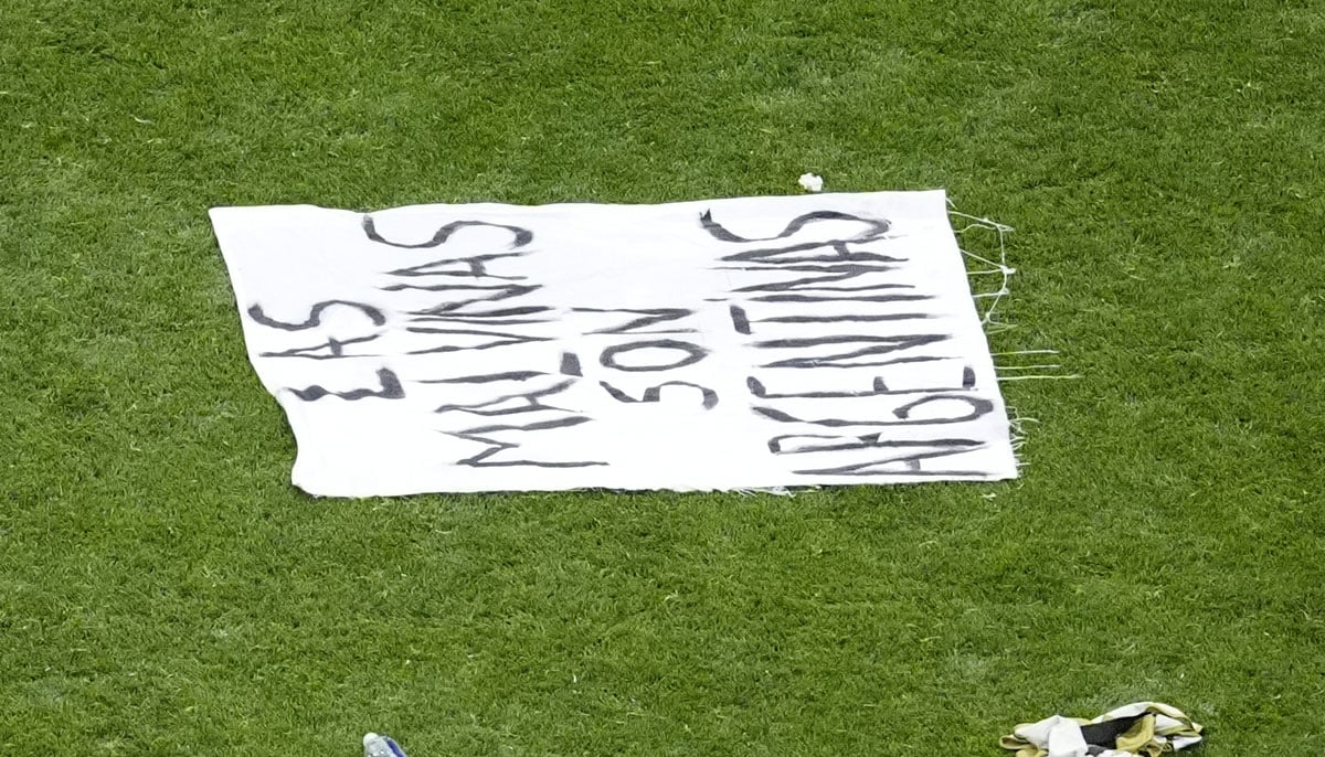 Viking row and minnows sparkle 20 A banner displaying a message referencing The Falkland Islands is seen on the pitch after Semi Final, England v Argentina in Atlanta Stadium, Atlanta, Georgia, US on July 15, 2026. — Reuters