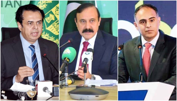 This collage of photos shows (from left) Minister of State for Interior Talal Chaudhry, Parliamentary Affairs Minister Tariq Fazal Chaudhary and Minister of State for Finance Bilal Azhar Kayani. — APP/INP/APP