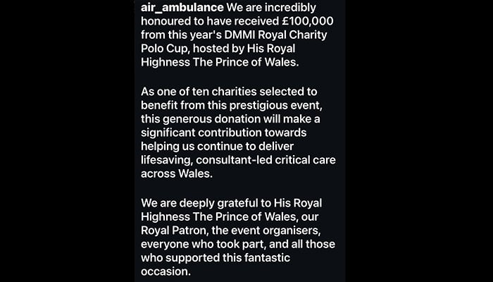 Wales Air Ambulance thanks Prince William for ‘lifesaving support