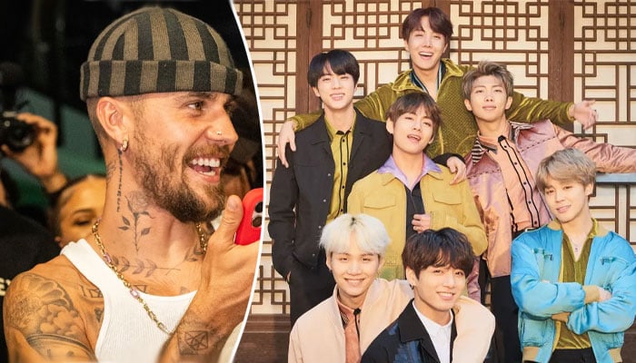 Justin Bieber hugs one BTS member after halftime performance