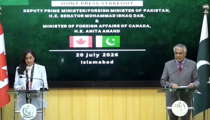Deputy Prime Minister and Foreign Minister Senator Ishaq Dar and Canadian Foreign Minister Anita Anand address the joint press conference in Islamabad on July 20, 2026. — Screengrab via Geo News