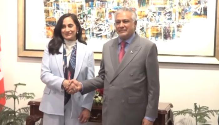 Canadian Foreign Minister Anita Anand shakes hands with Deputy Prime Minister and Foreign Minister Ishaq Dar at Ministry of Foreign Affairs, Islamabad, July 20, 2026. — Screengrab via X/@PakTVGlobal