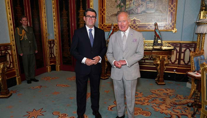 King Charles welcomes Andy Burnham during an audience at Buckingham Palace, London, where he invited the leader of the Labour Party to become Prime Minister and form a new government. — Reuters