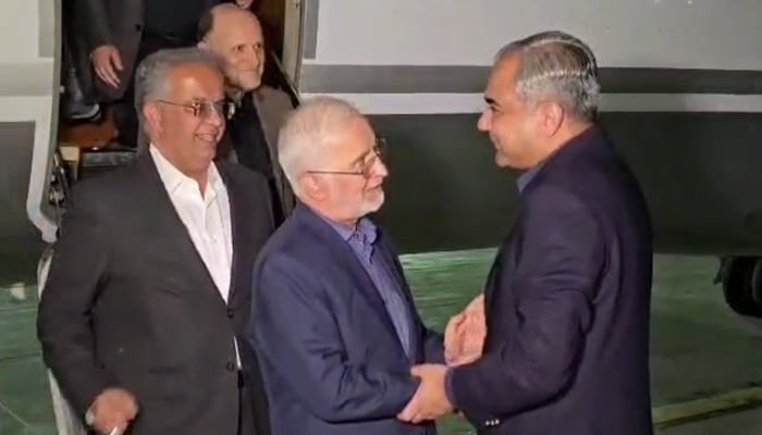Interior Minister Mohsin Naqvi welcomes Iranian counterpart Eskandar Momeni upon his arrival in Pakistan on July 20, 2026. — Screengrab via Facebook/@PTVNewsOfficial