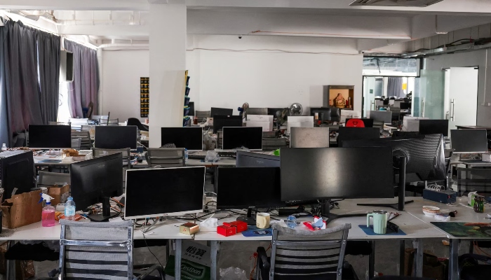 Computer monitors are kept on desks inside a workstation at a compound in OSmach that the Thai military said was used for scam operations, at the Chong Chom-OSmach border crossing, after clashes between Thailand and Cambodia in December 2025, in Samraong, Oddar Meanchey province, Cambodia, March 6, 2026. — Reuters