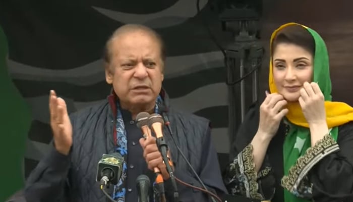Pakistan Muslim League-Nawaz (PML-N) President Nawaz Sharif addresses party workers in Muzaffarabad, Azad Jammu and Kashmir, July 21, 2026. — Screengrab via YouTube/Geo News