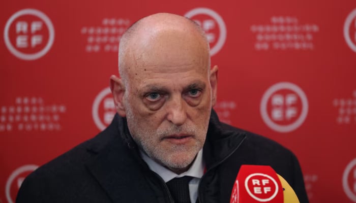 La Liga president Javier Tebas speaks to the media at the Ciudad del Futbol in Las Rozas, Spain, December 16, 2024. — Reuters