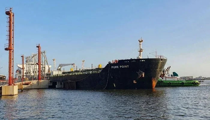 A cargo ship carrying crude oil can be seen at the Karachi Port Trust (KPT) in this photograph taken on June 11, 2023. — AFP