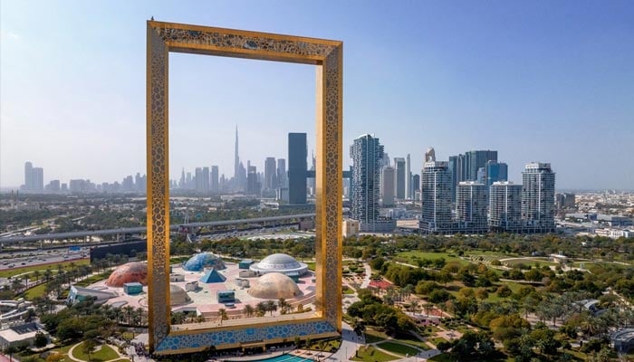 This image shows the Dubai Frame in Zabeel Park, a 150-meter-tall structure that serves as a massive picture frame connecting old and new Dubai. — X/@DXBMediaOffice/File