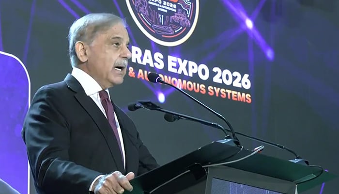 Prime Minister Shehbaz Sharif addresses the inaugural ceremony of the Indus RAS — Robotics and Autonomous Systems Expo 2026 in Islamabad on July 22, 2026. — Screengrab via X/@GovtofPakistan