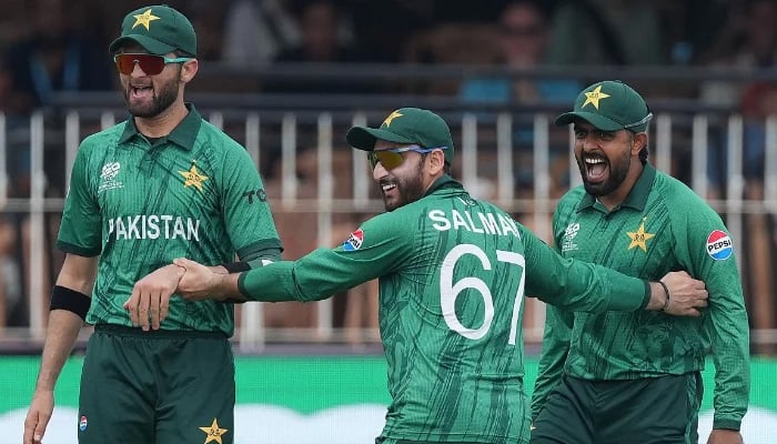 Shaheen Shah Afridi (left), skipper Salman Ali Agha (centre) and Babar Azam of Pakistan celebrate a wicket during the ICC Mens T20 World Cup 2026 match against Netherlands at Sinhalese Sports Club on February 07, 2026 in Colombo, Sri Lanka. — ICC