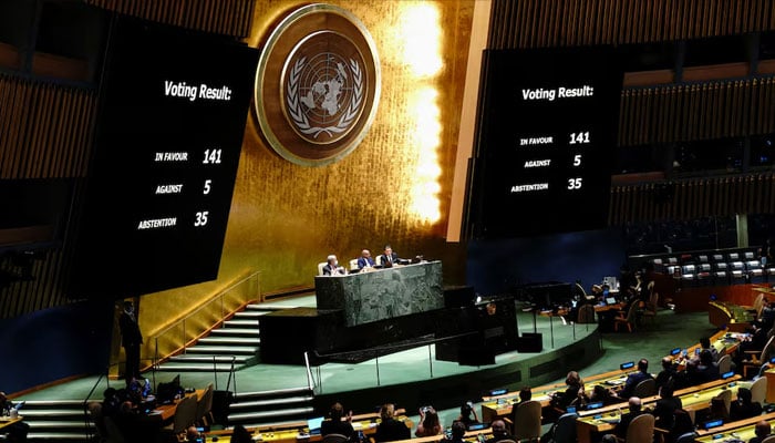 A general view shows the results of the voting during the 11th emergency special session of the 193-member UN General Assembly on Russias invasion of Ukraine. — Reuters