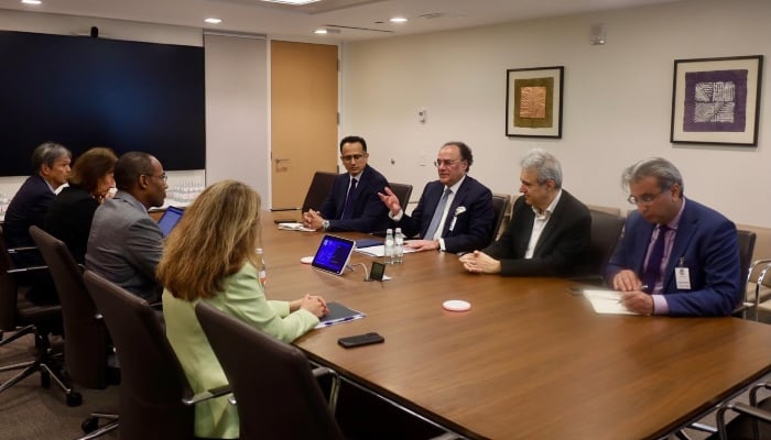 Finance Minister Muhammad Aurangzeb holds a meeting with IMF senior management. — X/@Financegovpk