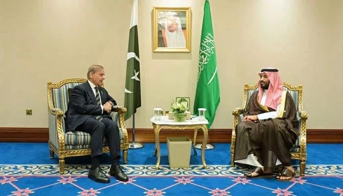 Prime Minister Shehbaz Sharif (left) and Crown Prince Mohammed bin Salman are seen in a meeting, in a photo released on September 16, 2025. — X@PakPMO