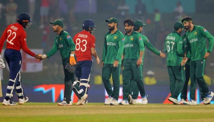 Players of Pakistan and England shake hands after their match of ICC Mens T20 World Cup 2026 at Pallekele International Cricket Stadium, Kandy, Sri Lanka, February 24, 2026. — Reuters