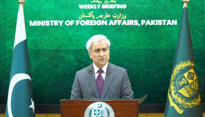 Foreign Office Spokesperson Tahir Andrabi addressing the weekly news briefing in Islamabad on July 23, 2026. — X/@ForeignOfficePk