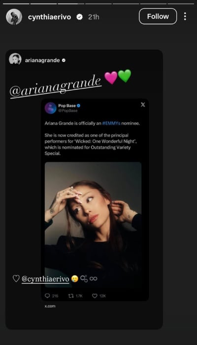 Ariana Grande celebrates 1st Emmy nomination with Cynthia Erivo