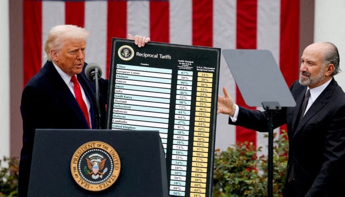 US President Donald Trump holds a chart next to U.S. Secretary of Commerce Howard Lutnick as Trump delivers remarks on tariffs in the Rose Garden at the White House in Washington, DC, US, April 2, 2025. — Reuters