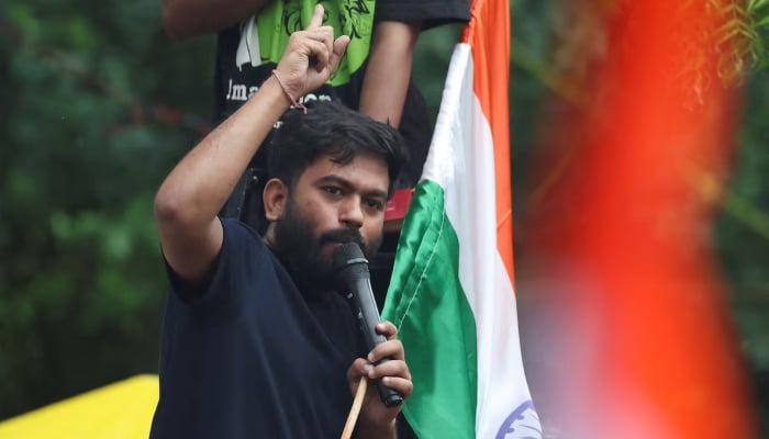 Abhijeet Dipke, head of the Cockroach Janta Party (CJP) addresses supporters at a protest site ahead of a planned march to Parliament on the opening day of the monsoon session, at Jantar Mantar in New Delhi, India, July 20, 2026. — Reuters