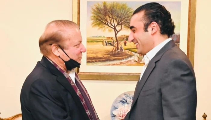 PPP Chairman Bilawal Bhutto-Zardari (right) meets PML-N President Muhammad Nawaz Sharif at the Punjab House in Islamabad on October 10, 2024. —Facebook/@pml.n.official