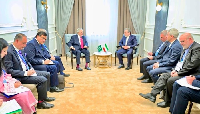 Deputy Prime Minister and Foreign Minister Senator Ishaq Dar (centre-left) holds meeting with Iranain FM Abbas Araghchi (centre-right) on the sidelines of the Shanghai Cooperation Organisation (SCO) Council of Foreign Ministers (CFM) meeting in Cholpon-Ata, Kyrgyz Republic, July 24, 2026. — X/@ForeignOfficePk