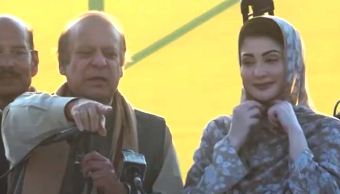 PML-N president and former prime minister Nawaz Sharif addresses a rally in Mirpur, AJK, July 24, 2026. — Screengrab via Geo News