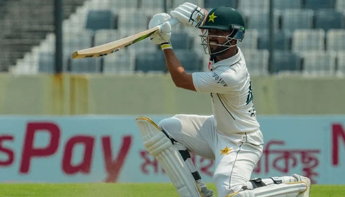 Pakistans Abdullah Fazal plays a shot during the fifth day of their first Test against Bangladesh at the Sher-e-Bangla National Cricket Stadium in Mirpur on May 12, 2026. — X/@TheRealPCB