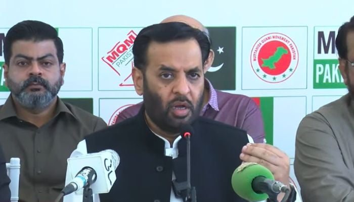 Federal Minister for Health and MQM-Pakistan leader Syed Mustafa Kamal addresses press conference in Karachi on July 25, 2026. — Screengrab via Geo News