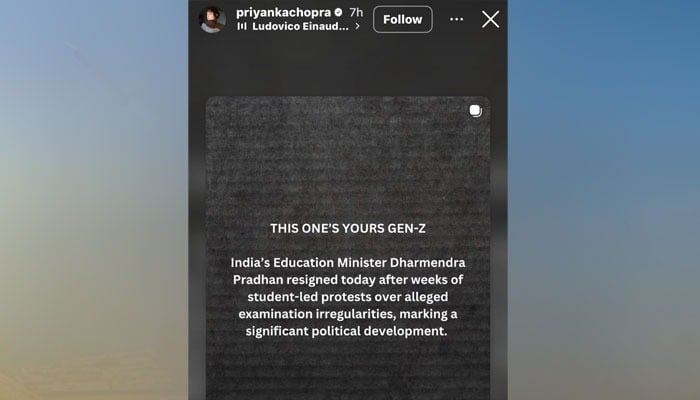 Actor Priyanka Chopras post on Indian education ministers resignation, 25 July, 2026. — Instagram/@priyankachopra