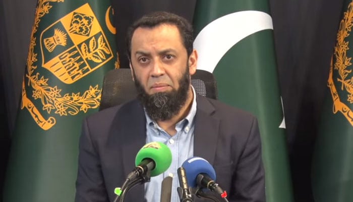 Minister for Information and Broadcasting Attaullah Tarar addresses a press conference. — Radio Pakistan/File