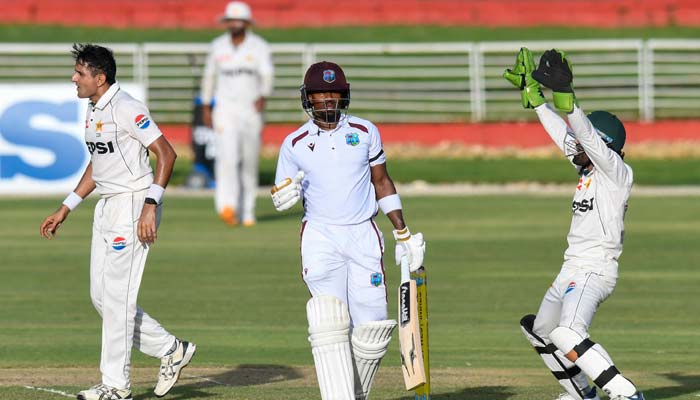 Mohammad Abbas (left) and Mohammad Rizwan (right) unsuccessfully appeal against Kavem Hodge (centre) of West Indies during the first day of the first Test cricket match between West Indies and Pakistan at the Brian Lara Cricket Academy in Tarouba, Trinidad and Tobago, on July 25, 2026. — Reuters