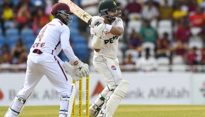 Imamul Haq is seen in action in Test against West Indies on July 26, 2026. — AFP