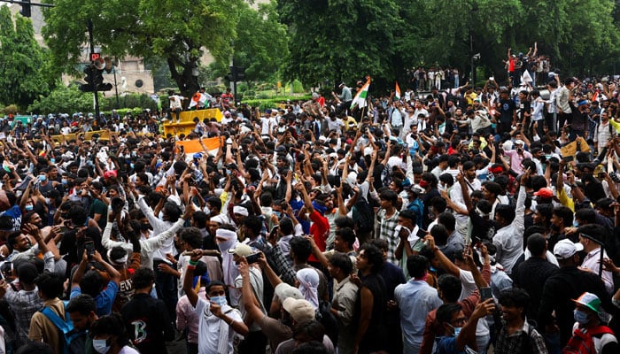 Supporters of Indias Cockroach Janta Party (CJP) celebrate after Indias Education Minister Dharmendra Pradhan resigned following days of protests demanding his resignation over National Eligibility cum Entrance Test (NEET) examination paper leaks, in New Delhi, India, July 25, 2026.— Reuters