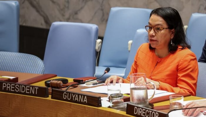 Guyanas Ambassador to the UN Carolyn Rodrigues Birkett speaks during a UNSC meeting about conflicts in the Middle East at UN headquarters in New York City, US, June 30, 2025. — Reuters
