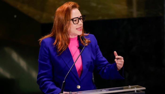 Candidate for the position of United Nations secretary-general, Maria Fernanda Espinosa, speaks during the UN Town Hall: The Next Secretary-General event at United Nations headquarters in New York City, US, July 23, 2026. — Reuters