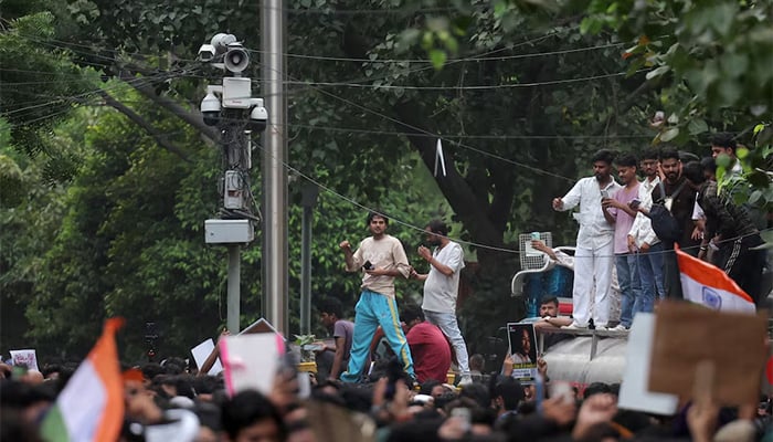 CCTV camera at the Jantar Mantar protest site, where supporters of Indias Cockroach Janta Party (CJP) have gathered demanding the resignation of Education Minister Dharmendra Pradhan over alleged exam paper leaks, in New Delhi, India, July 19, 2026. — Reuters