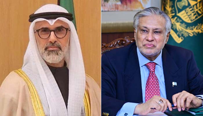 This collage of pictures shows Kuwait Foreign Minister Sheikh Jarrah Jaber Al-Ahmad Al-Sabah (left) and Deputy Prime Minister Ishaq Dar. — X/@ForeignOfficePk/@MOFAKuwait