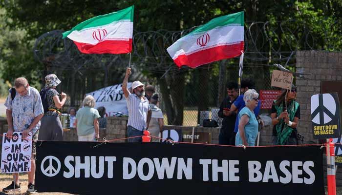 Anti-war demonstration outside the main gate of RAF Fairford airbase, which hosts US Air Force (USAF) personnel in Fairford, Gloucestershire, Britain, July 25, 2026.— Reuters
