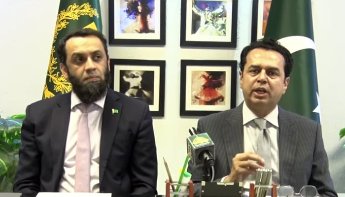 Federal Minister for Information Attaullah Tarar (left) and State Minister for Interior Talal Chaudhry address a press conference in Islamabad on July 28, 2026. — Screengrab via Geo News