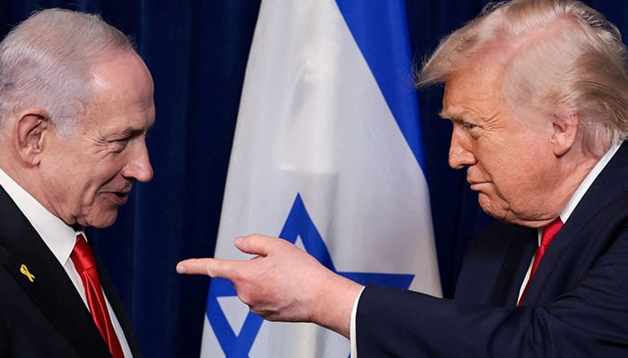 US President Donald Trump points his finger towards Israeli Prime Minister Benjamin Netanyahu during a press conference after meeting at Trumps Mar-a-Lago club in Palm Beach, Florida, US, December 29, 2025. — Reuters