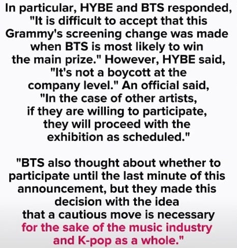 HYBE breaks silence after BTS Grammys boycott