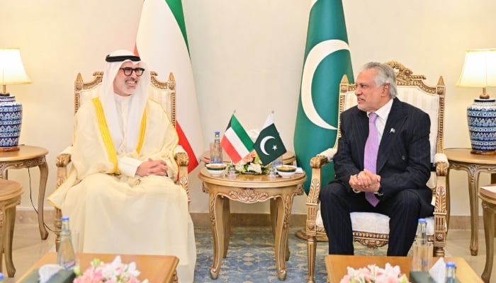 Deputy Prime Minister and Foreign Minister Ishaq Dar (right) speaks to Kuwaits Foreign Minister Sheikh Jarrah Jaber Al-Ahmad Al-Sabah during their meeting in Islamabad, July 29, 2026. — X/@ForeignOfficePk